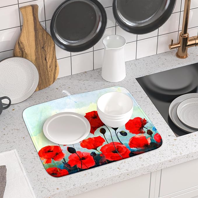 Red Poppy Dish Drying Mat for Kitchen Counter - Image 6