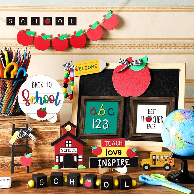 Mifoci 19 Pcs Back to School Tiered Tray Decor Signs Wood Sign Back to School - Image 5