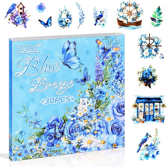 30 Sheets Precut Blue Flower Garden Landscape Stickers Book by Dwpetzo