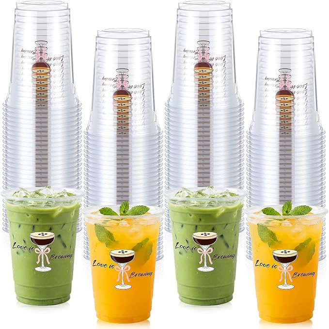 100 Pcs Wedding Plastic Cups Bulk 16 oz Clear Disposable Love Is Brewing Cups by Tiangrid
