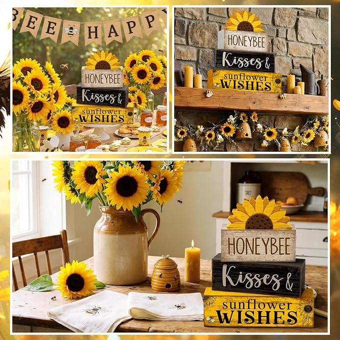 Lineshading 4 Pcs Summer Table Decor Wooden Sunflower Tiered Tray Decor Rustic - Image 8