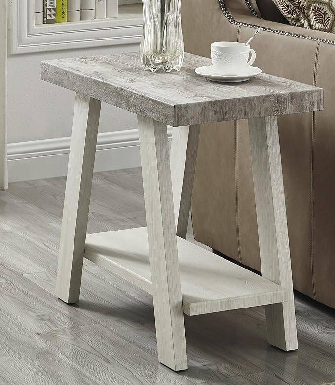 Modern End Table with Storage Shelf, Weathered Gray and Beige Wood Side Table - Image 4