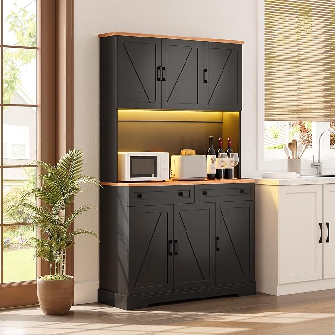 ELYKEN 71" Pantry Cabinet with Charging Station & LED Lights, Tall Kitchen - Image 2