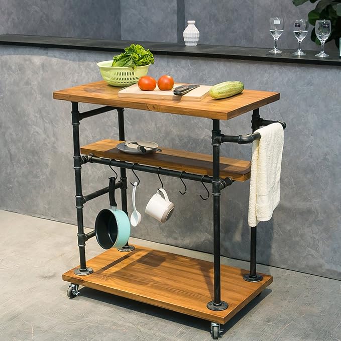 Industrial Portable Kitchen Island on Wheels, Bar Carts - Image 3