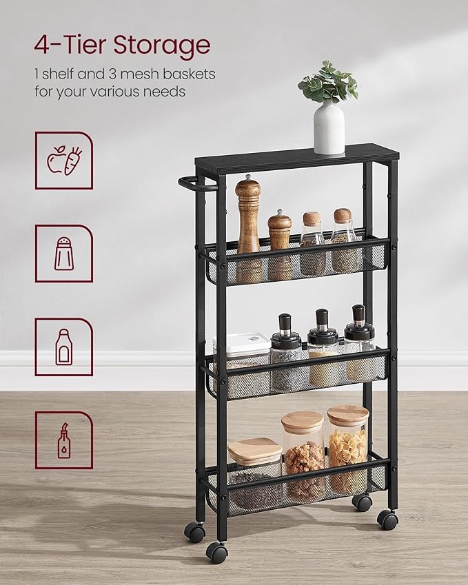 VASAGLE Slim Rolling Cart, 4-Tier Storage Cart, Narrow Cart - Image 4