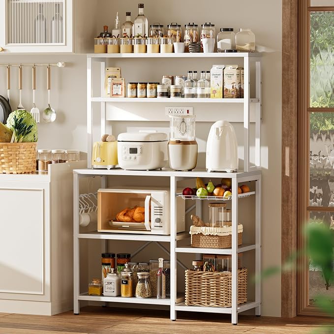 SUPERJARE Bakers Rack with Power Outlet, 35.4 Inches Coffee Bar with Wire Basket - Image 2