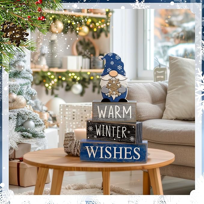 Lineshading 4 Pcs Winter Table Decorations Wooden Gnome Decor Winter Tiered - Image 4