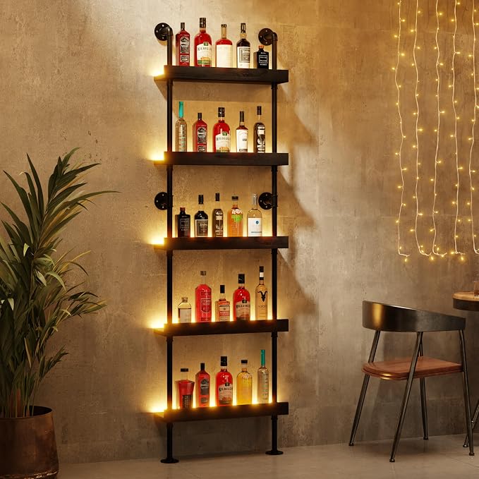 Wall Mounted Wine Rack with LED Light, LED Industrial Pipe Liquor Bar Shelves by Anynice