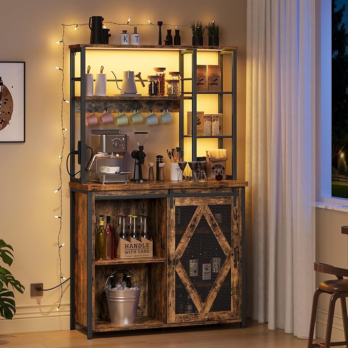HOOBRO Bakers Rack with Power Outlet and LED Light, Microwave Stand with - Image 5