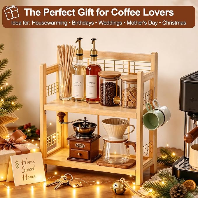 No-Assembly Coffee Bar Organizer, 2-Tier Coffee Station Shelf | Foldable Oak - Image 8