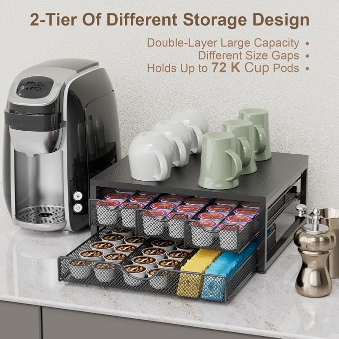 Coffee Pod Holder For Counter, 3 Pull-Out 72 K-Cup Holder Drawer, Wooden Cafe - Image 5