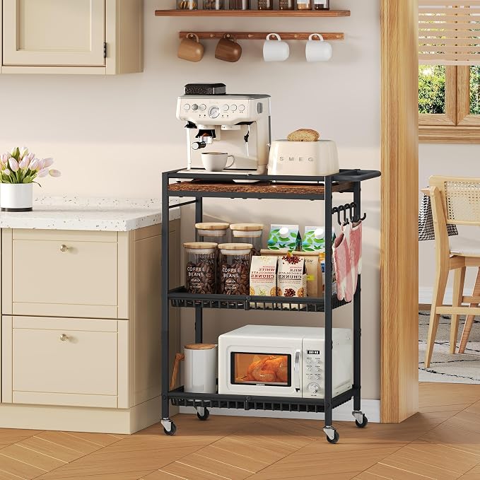 Microwave Kitchen Cart with Push Handle, 3 Tier Rolling Cart with 2 Lockable - Image 5