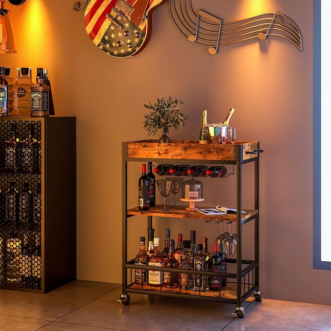 Bar Cart Serving Wine 3 Tier Home Rolling Rack - Image 2