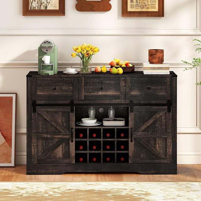 Giantex Wine Bar Cabinet with LED Lights, 3 Drawer, Adjustable Shelf, 12 Bottle - Image 8