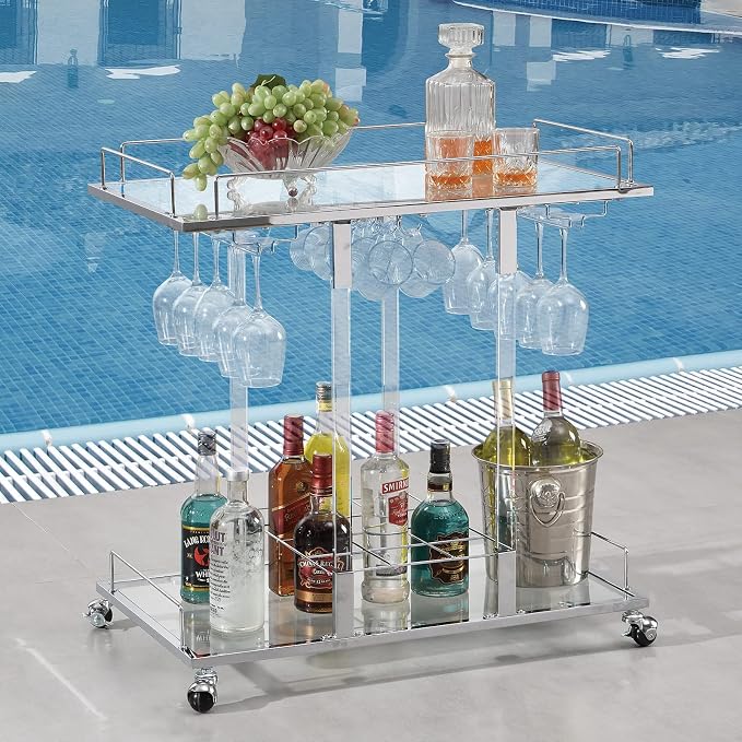 Silver Bar Cart for Home Bar Chrome Serving Cart - Image 3