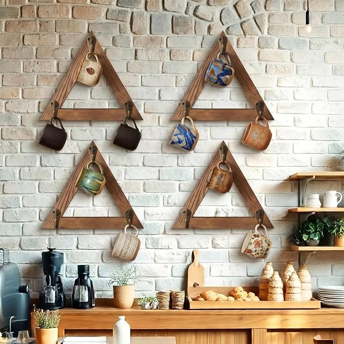 Novabright 4 Pcs Triangular Coffee Mug Wall Rack Wood Cup Holder - Image 4