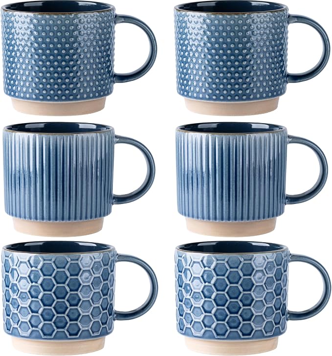 GBhome 12 OZ Stackable Coffee Mugs Set of 6, Ceramic Coffee Mugs by GBhome