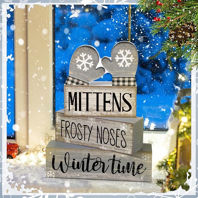 Lineshading 4 Pcs Winter Table Decorations Wooden Mittens Decor Winter Tiered - Image 7