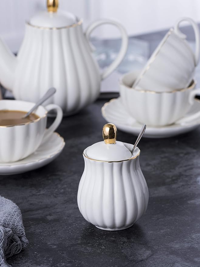 Jusalpha Porcelain Tea Set- 8 OZ White Coffee Cup/Teacup, Teapot and Creamer set - Image 5