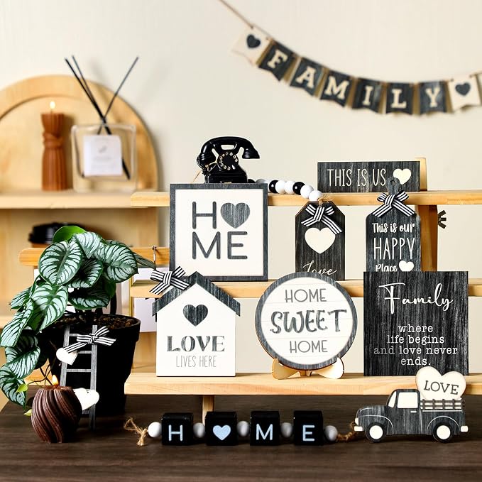Mifoci 18 Pcs Farmhouse Tiered Tray Decor Home Wooden Signs Rustic Home Tiered - Image 5