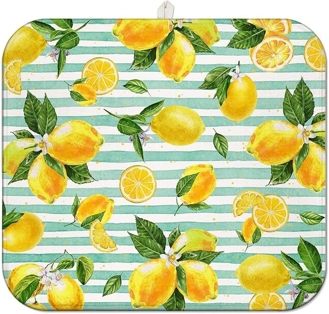 Lemon Dish Drying Mat for Kitchen Counter, Striped Background Yellow Lemon by Unknown