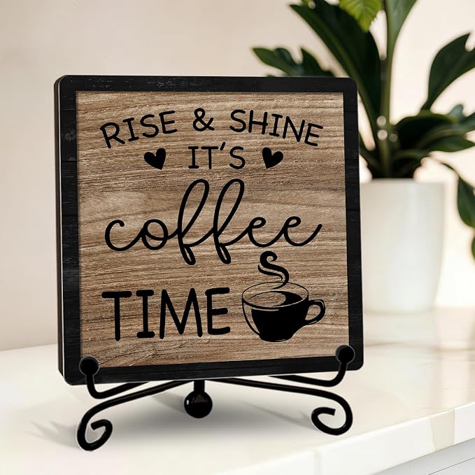 Funny Coffee Bar Decor, Rise & Shine It's Coffee Time Wood Plaque by YQV