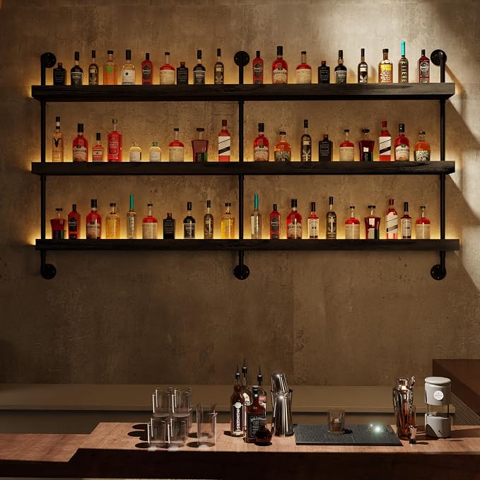Wall Mounted Wine Rack with LED Light, LED Industrial Pipe Liquor Bar Shelves - Image 8