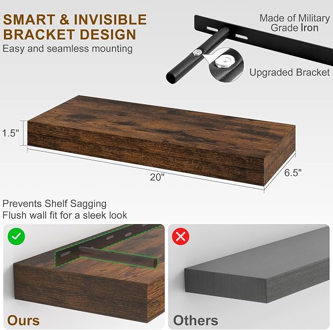 Fun Memories Floating Shelves for Wall, 20Inch Floating Shelves Set of 2 - Image 3
