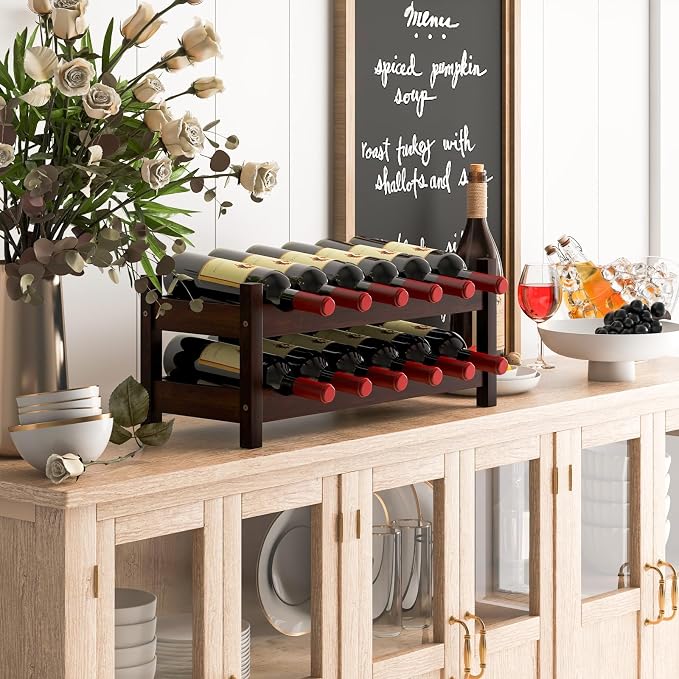 Giantex Bamboo Wine Rack, 2 Tier 12 Bottle Wine Storage Cabinet Shelf, Small - Image 9