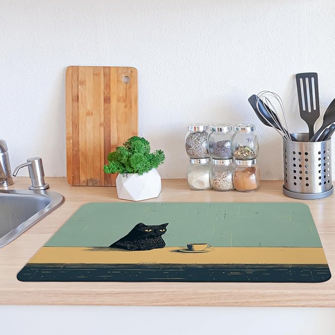 Black Cat Dish Drying Mat, Cat Lover Gifts, Vintage Cats Drinking Coffee Black - Image 2