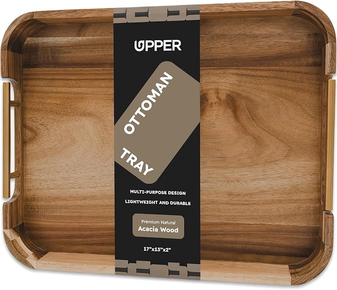 Acacia Wood Ottoman Tray with Handles, 17x13 Inch Rectangle Serving Tray by Upper