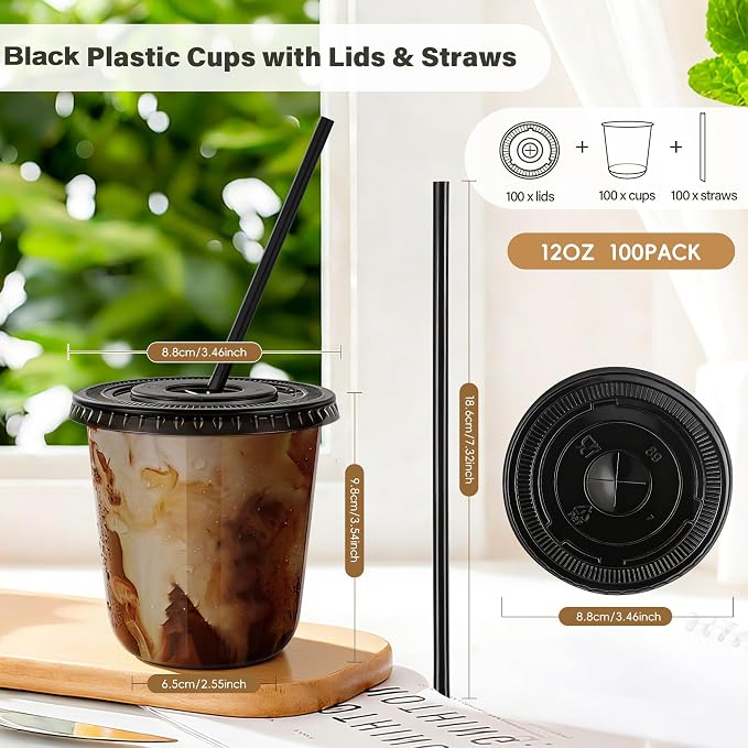 tchrules 100 Set 12oz Black Plastic Cups - Image 2
