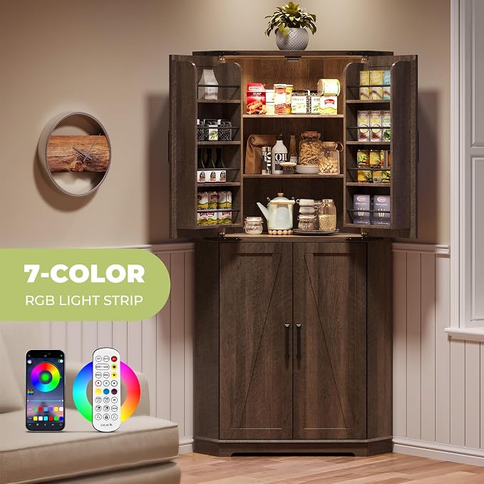 Dripex 71" Corner Cabinet Brown, Farmhouse Kitchen Pantry Cabinet - Image 5