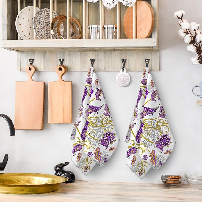 Purple Kitchen Towels Set of 2, Boho Floral Dish Towel - Image 5