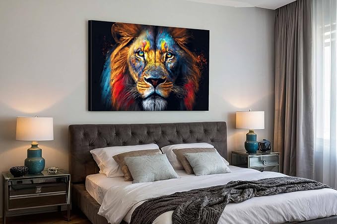 Framed Colorful Lion Wall Art Wildlife Animals Pictures Living Room Wall Decor - Image 4