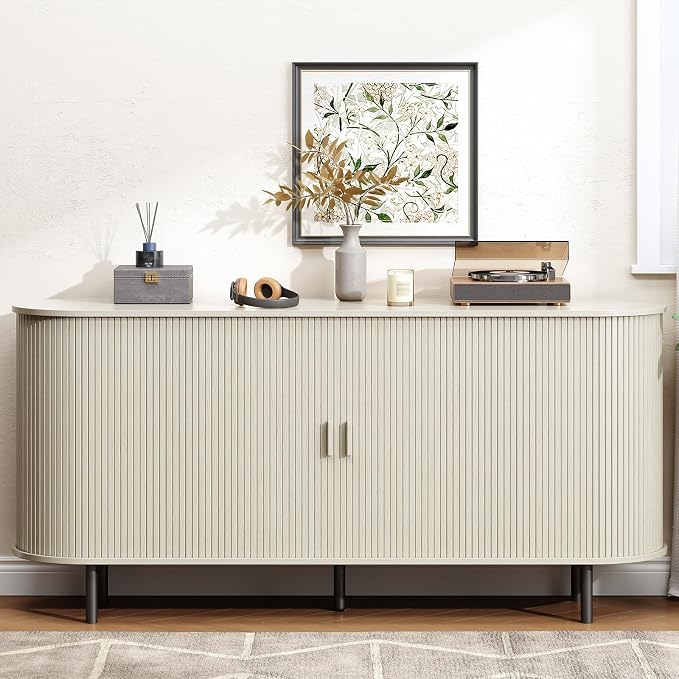 Buffet Cabinet with Storage, Fluted Sideboard Buffet with Sliding Door - Image 9