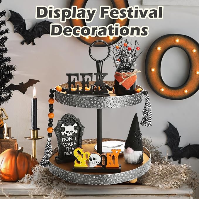 Wooden Two Tiered Tray Stand, Farmhouse Round 2 Tier Decorative Tray - Image 4
