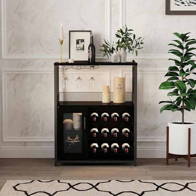 Wine Bar Cabinet, 3-Tier Removable wine rack cabinet glass holder, Mesh door - Image 3