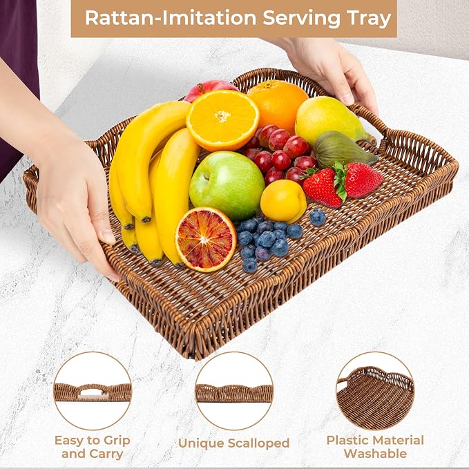Rectangle Wicker Scalloped Tray, Hand Woven Synthetic Rattan Serving Tray - Image 5