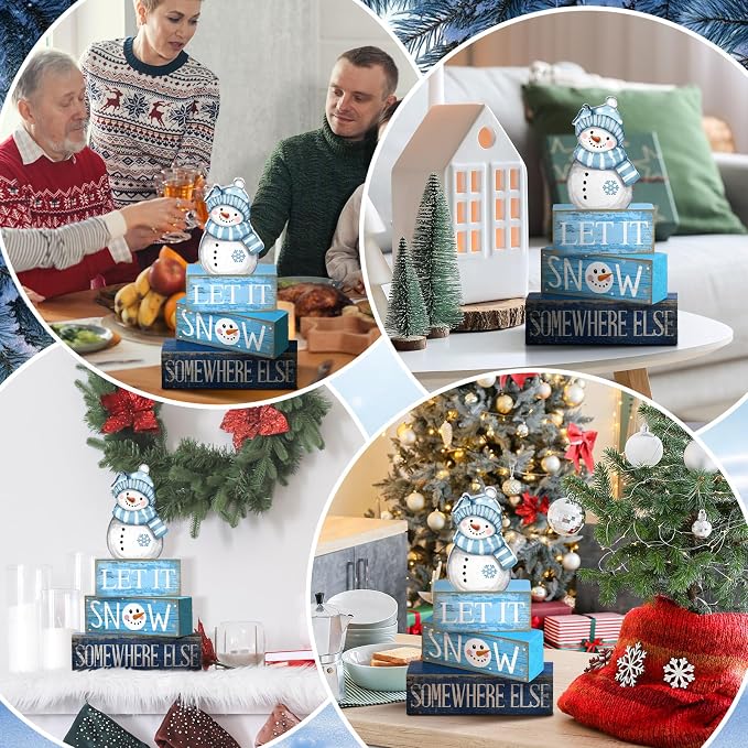 Lineshading 4 Pcs Snowman Christmas Table Decorations Blue and White Wooden - Image 4