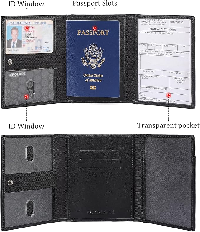 Polare Napa Leather Pilot Wallet Passport Holder RFID Blocking Tri-fold Travel - Image 4