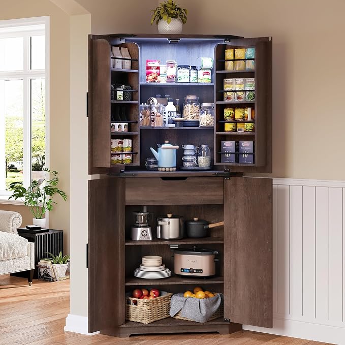 Dripex 71" Corner Cabinet Brown, Farmhouse Kitchen Pantry Cabinet - Image 7