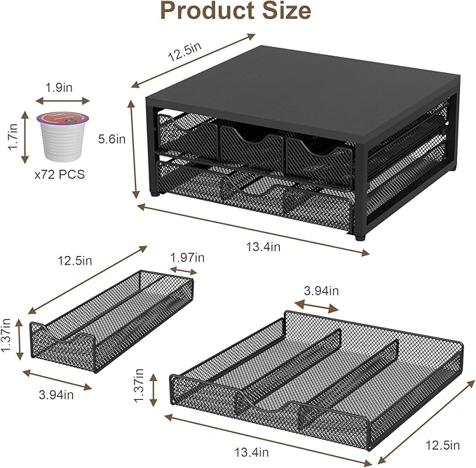 Coffee Pod Holder For Counter, 3 Pull-Out 72 K-Cup Holder Drawer, Wooden Cafe - Image 3