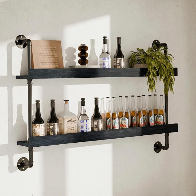 Industrial Wine Rack Wall Mounted, Solid Wood Shelf by Anynice