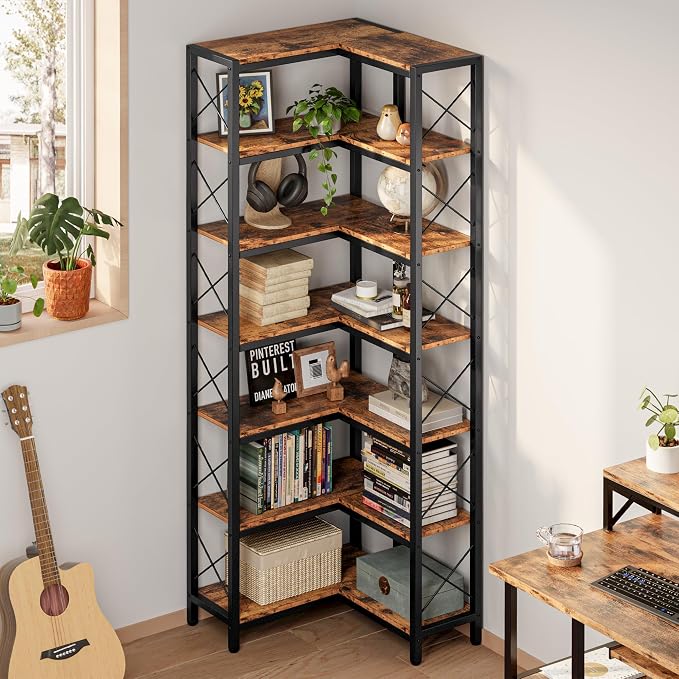 IRONCK Corner Bookshelf, 7-Tier Industrial Corner Bookcase, Tall Corner Shelf - Image 7