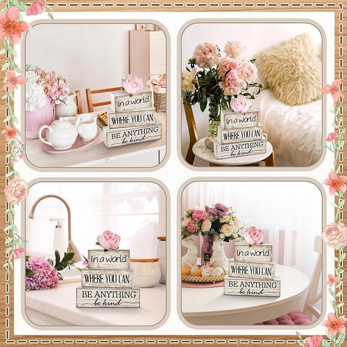 Yuntau 4 Pcs Farmhouse Flower Wooden Table Decor Farmhouse Tiered Tray Decor - Image 6