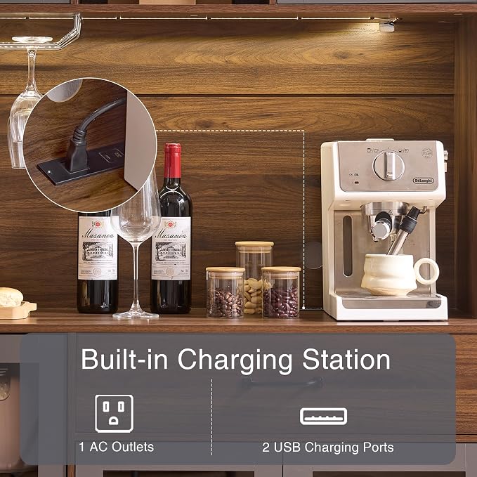 Fatmok 71" Pantry Cabinet with Wine Rack and Charging Station, Adjustable - Image 5