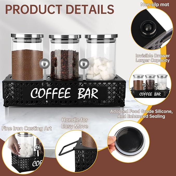Glass Coffee Containers with Shelf 3x 47oz Coffee Station Organizer Glass - Image 2