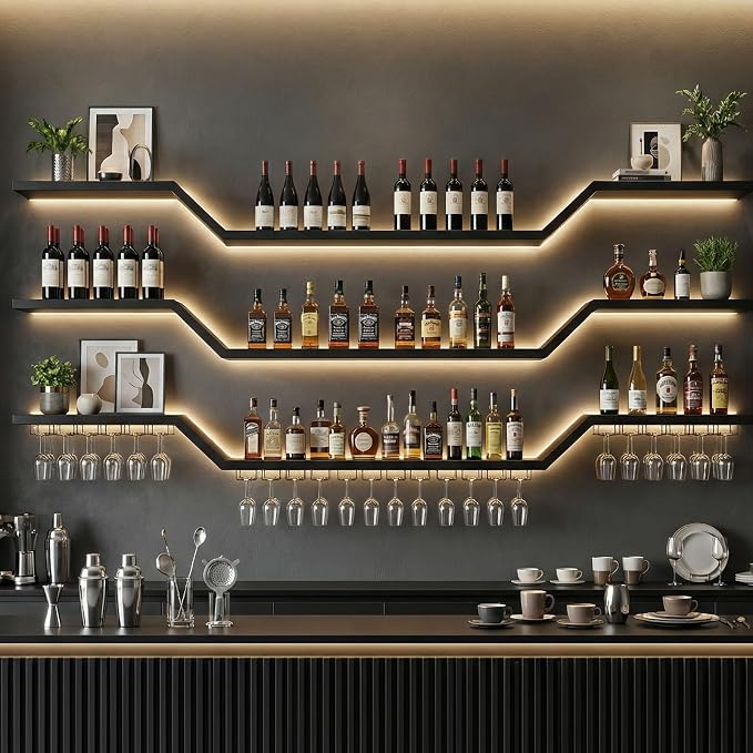78.7-inch/200cm Metal Wall Mount Wine Rack, 3-tiers Modern Wall Bar Shelf by Unknown