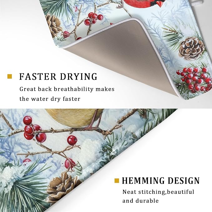 Winter Birds Dish Drying Mats 18x24 Inch, Pine Cone Berries Branch Bird Large - Image 3